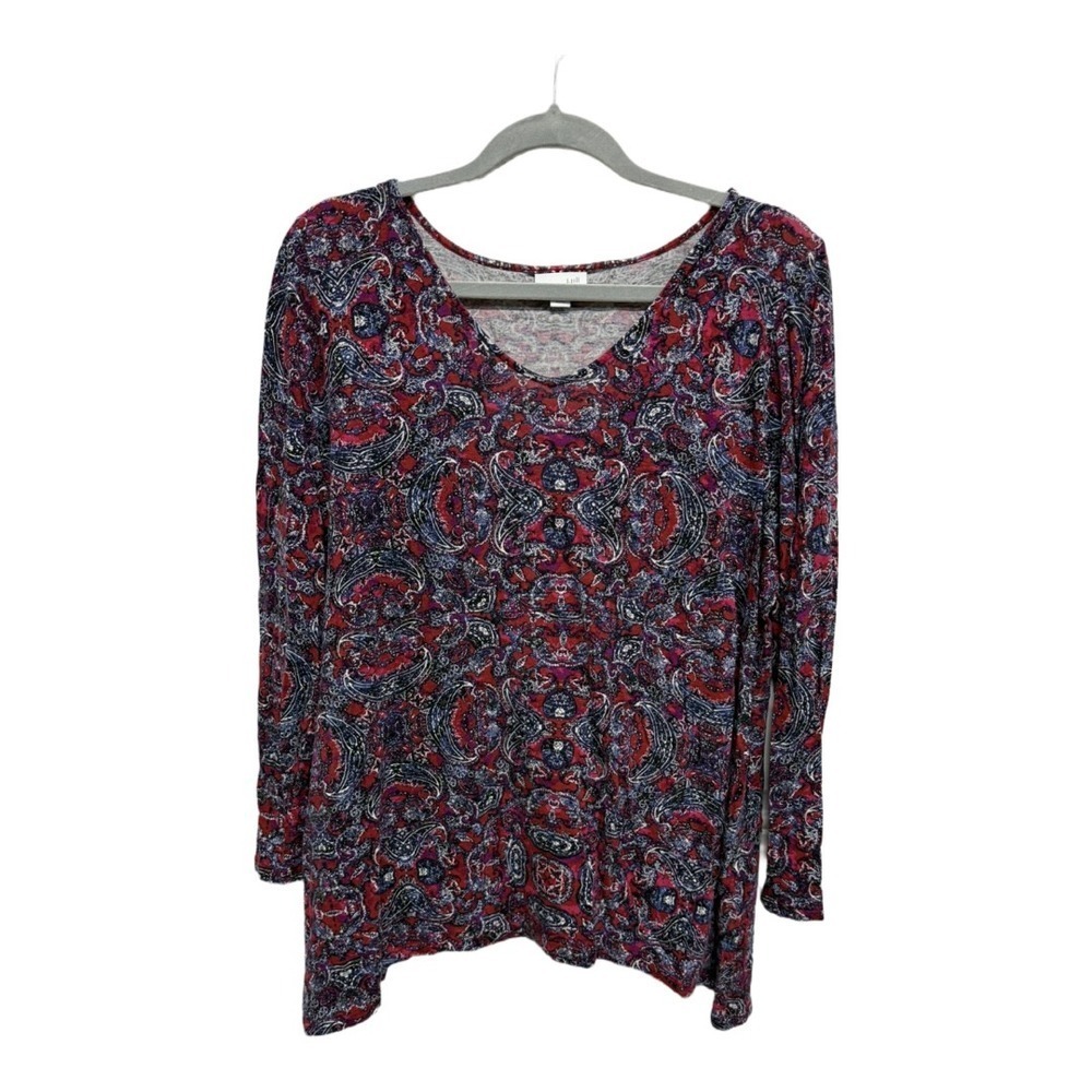 J Jill Women's Paisley Print V-Neck Red Long Sleeve Knit Large Petite Boho